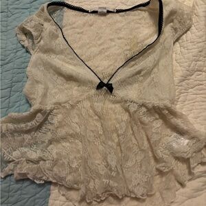 Kimchi Blue Cream Lace Blouse with Black Trim